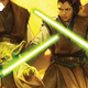 yoda with a lightsaber along with a padawan